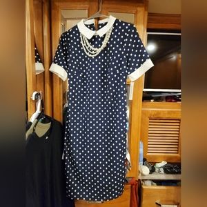 NWT never worn bavy blue polka dot dress with pearl necklace